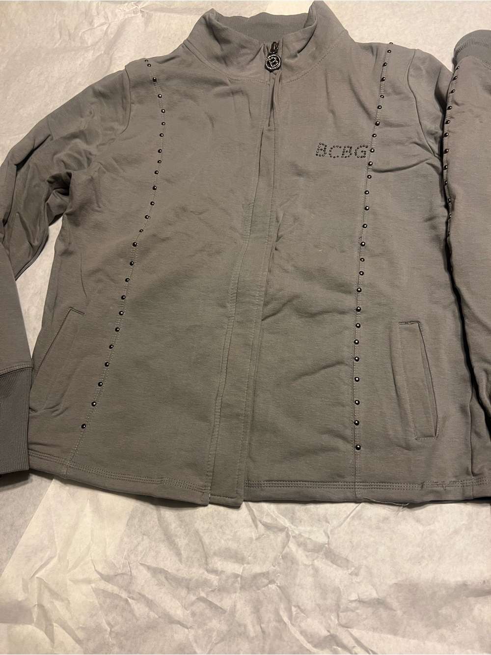 BCBG Light Gray Rhinestone Logo Zip Jacket & Pants